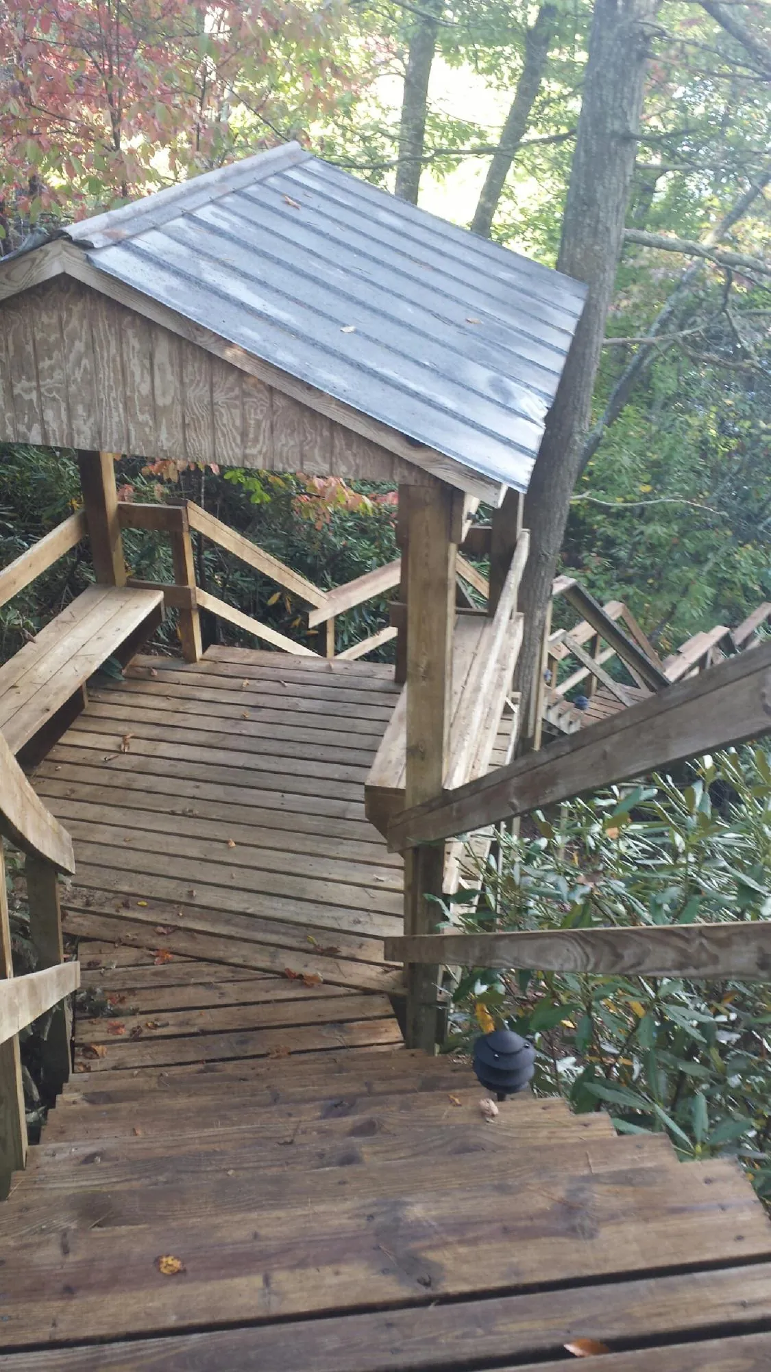 Metal roofed shelter over wooden steps on a wooded walkway — Skylight Repair & Installation work by our crew in Shoup